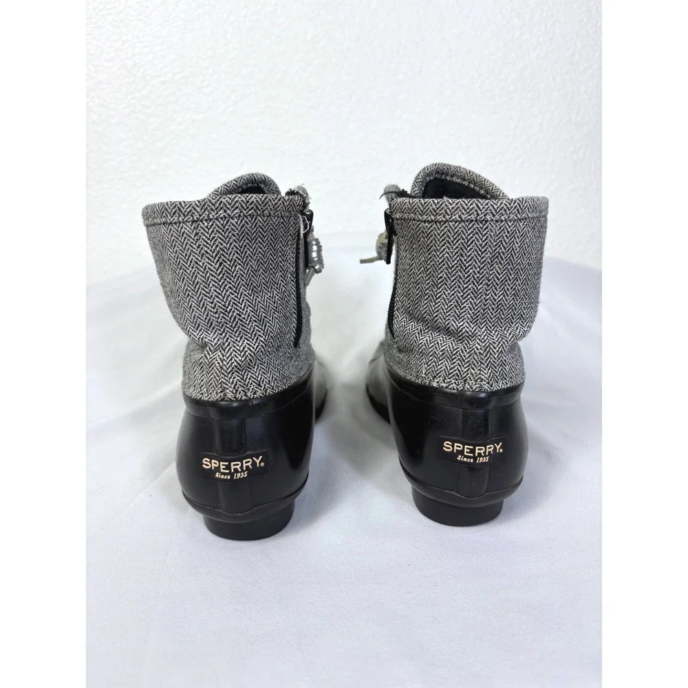 Sperry Black & Grey Herringbone Saltwater Duck Boots Girl Size 5 Rain Snow Fall